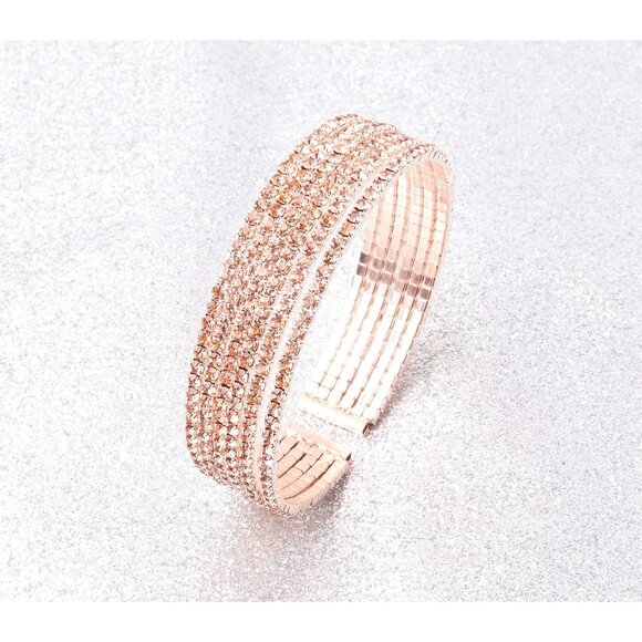 Adjustable Rhinestone Cuff Bracelet in 18k Rose Gold - Perfect Bridal Accessory - Picture 4 of 6